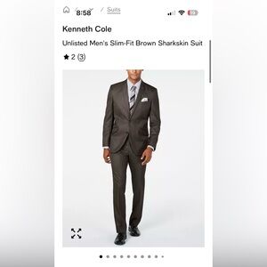 Kenneth Cole Unlisted slim fit brow suit. Suit coat 36R, pants size 29.
